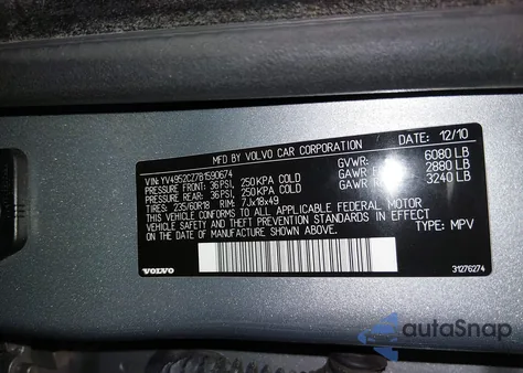 2011 Volvo Xc90 3.2 z USA, uszkodzony, nr VIN YV4952CZ7B1590674